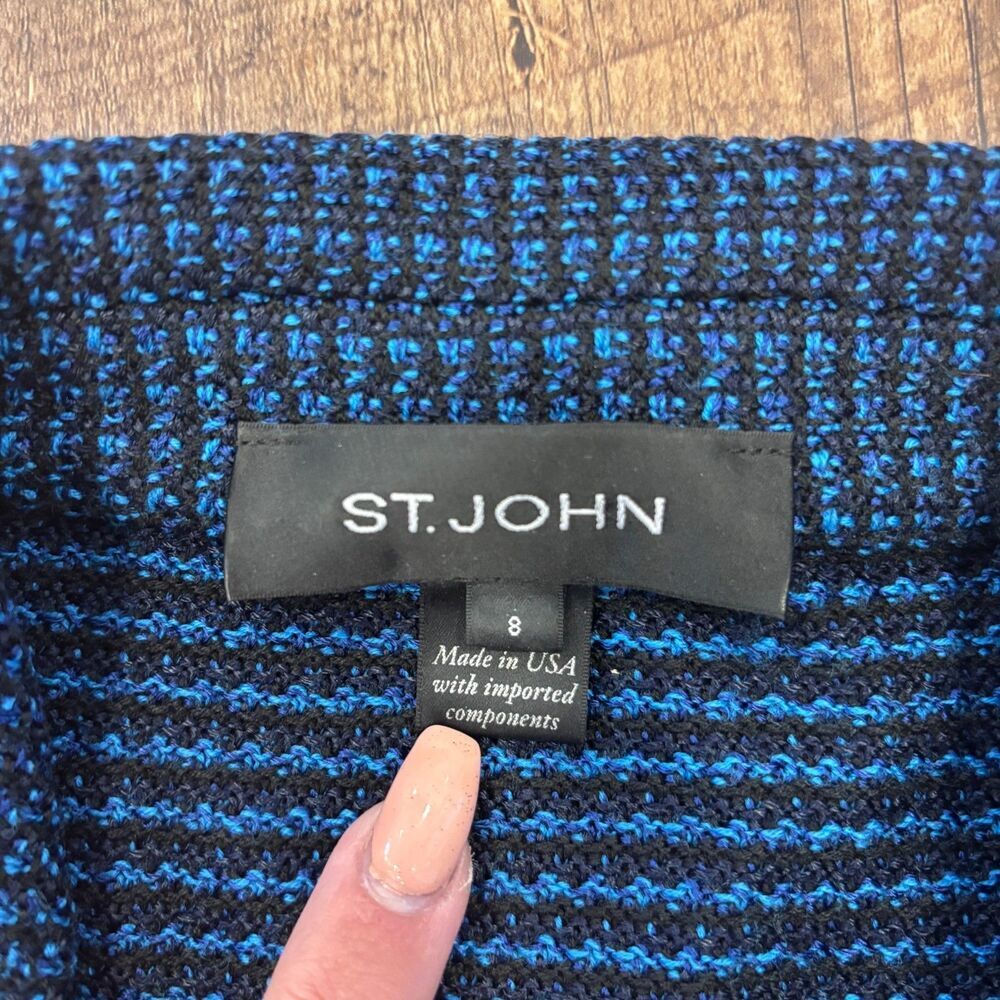 St. John Blue Black Boucle Tweed Knit Wool Blend Blazer Womens Size 8 Luxury EUC - Picture 3 of 8